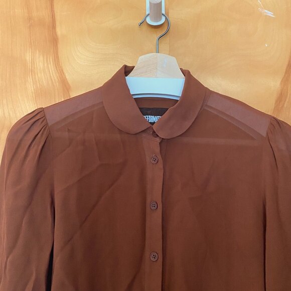 REFORMATION Long Sleeve Button Up Sheer Top Bow Cuffs Women's XS Rich Brown - Picture 5 of 13